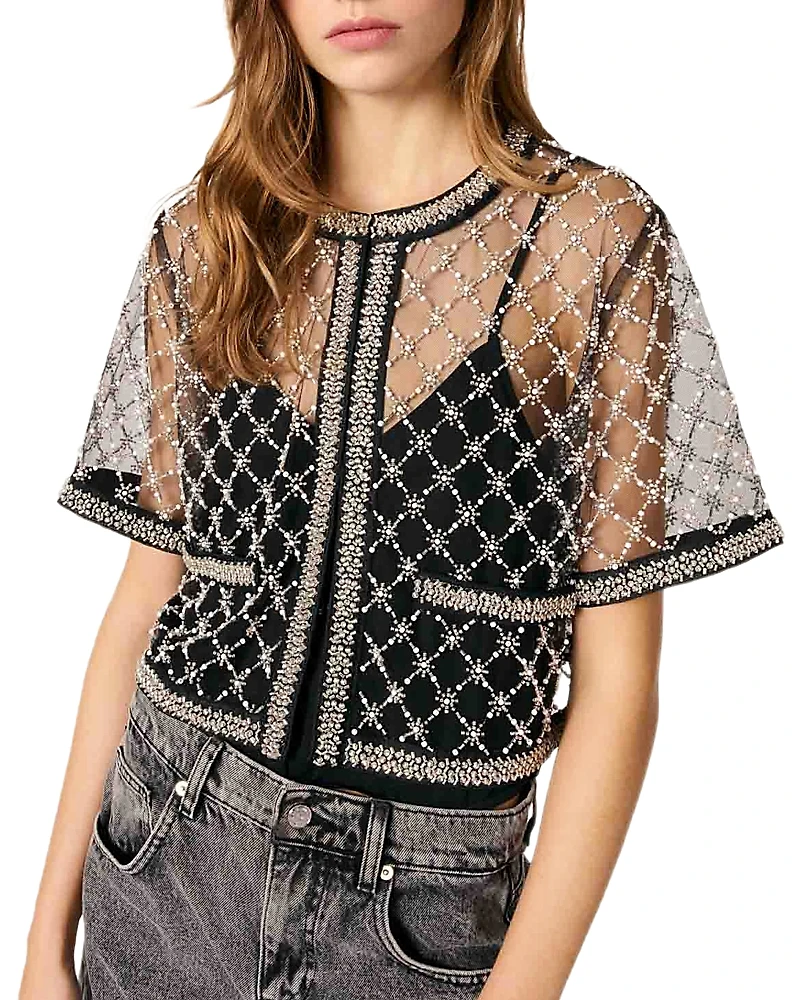 Maje Embroidered Tulle Top