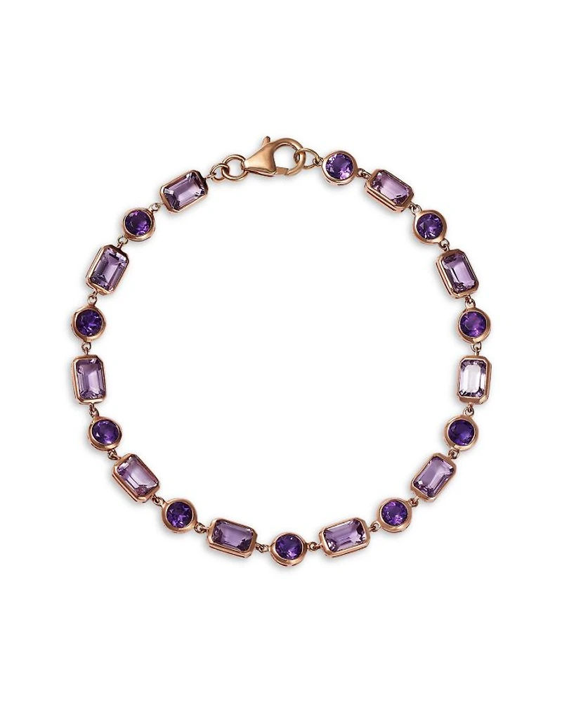 Rose De France & Purple Amethyst Mixed Cut Link Bracelet in 14K Rose Gold