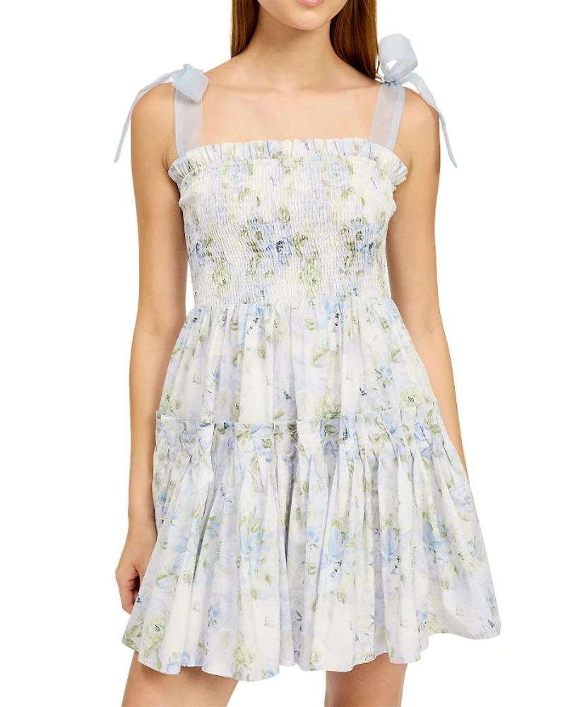 Smocked Contrast Organza Tie Mini Dress