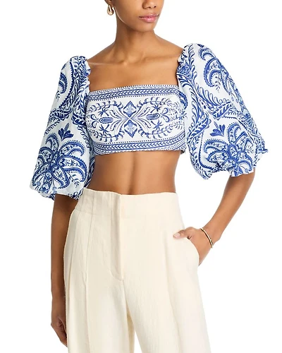 Linen Balloon Sleeve Cropped Top