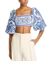 Linen Balloon Sleeve Cropped Top