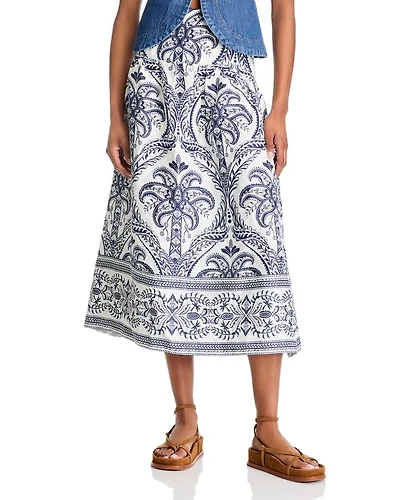 Tropical Cameo Linen Midi Skirt