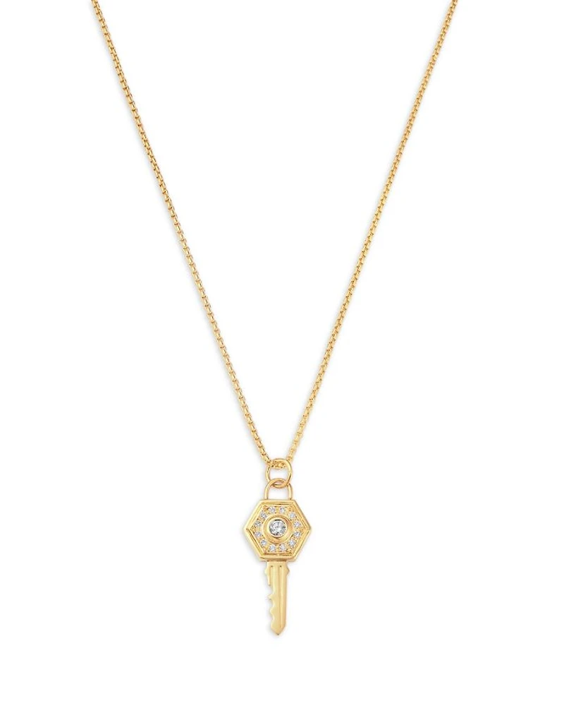 14K Yellow Gold Medallions Diamond Hexagon Key Pendant Necklace