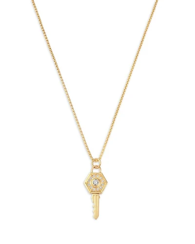 14K Yellow Gold Medallions Diamond Hexagon Key Pendant Necklace