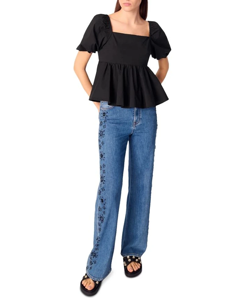 Embroidered Rhinestone High Rise Jeans Blue
