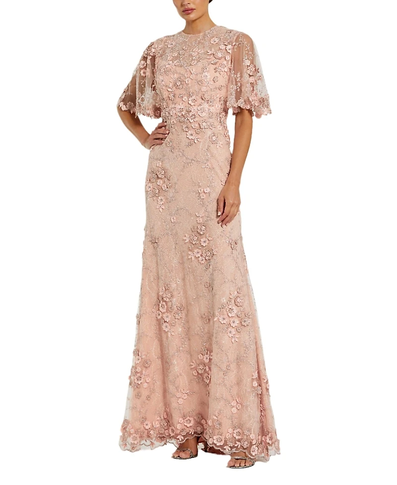 Mac Duggal Flutter Sleeve Floral Emboridered Net Gown