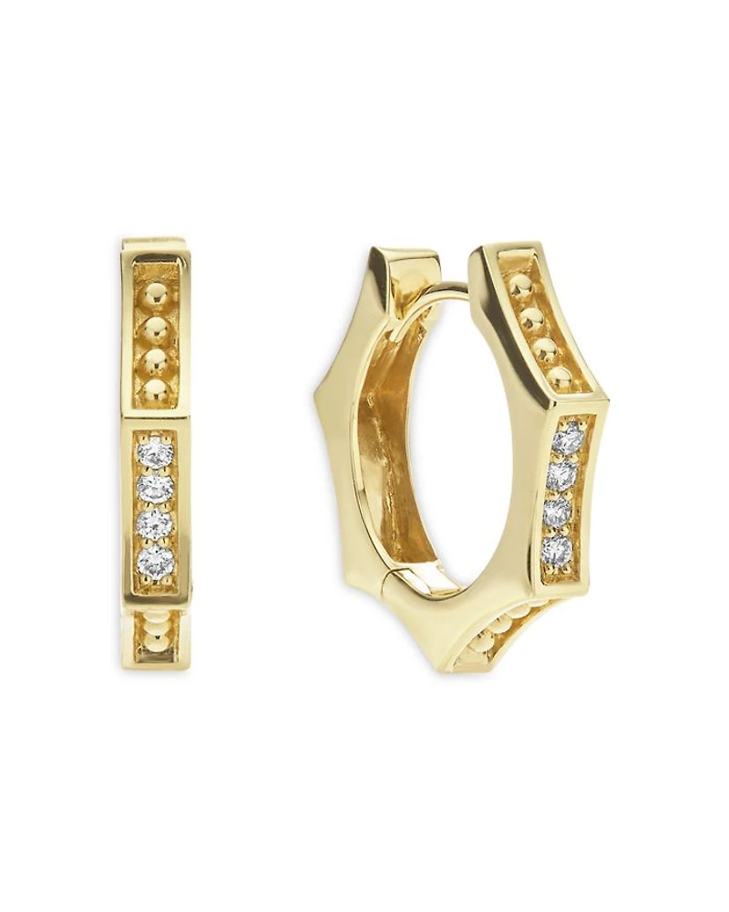 18K Yellow Gold Caviar Gold Diamond Hexagon Huggie Hoop Earrings