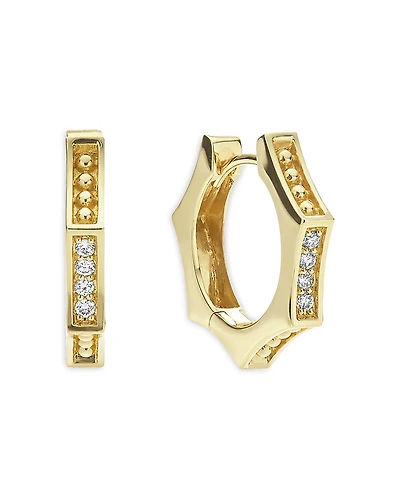 Lagos 18K Yellow Gold Caviar Gold Diamond Hexagon Huggie Hoop Earrings