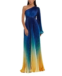 Mac Duggal Pleated Charmeuse One Long Flare Sleeve Gown