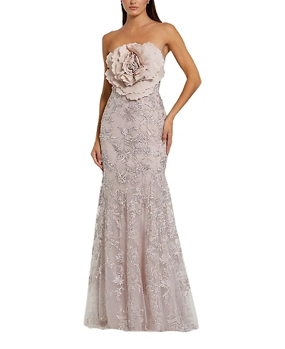 Mac Duggal Strapless Beaded Applique Mermaid Gown with Flower