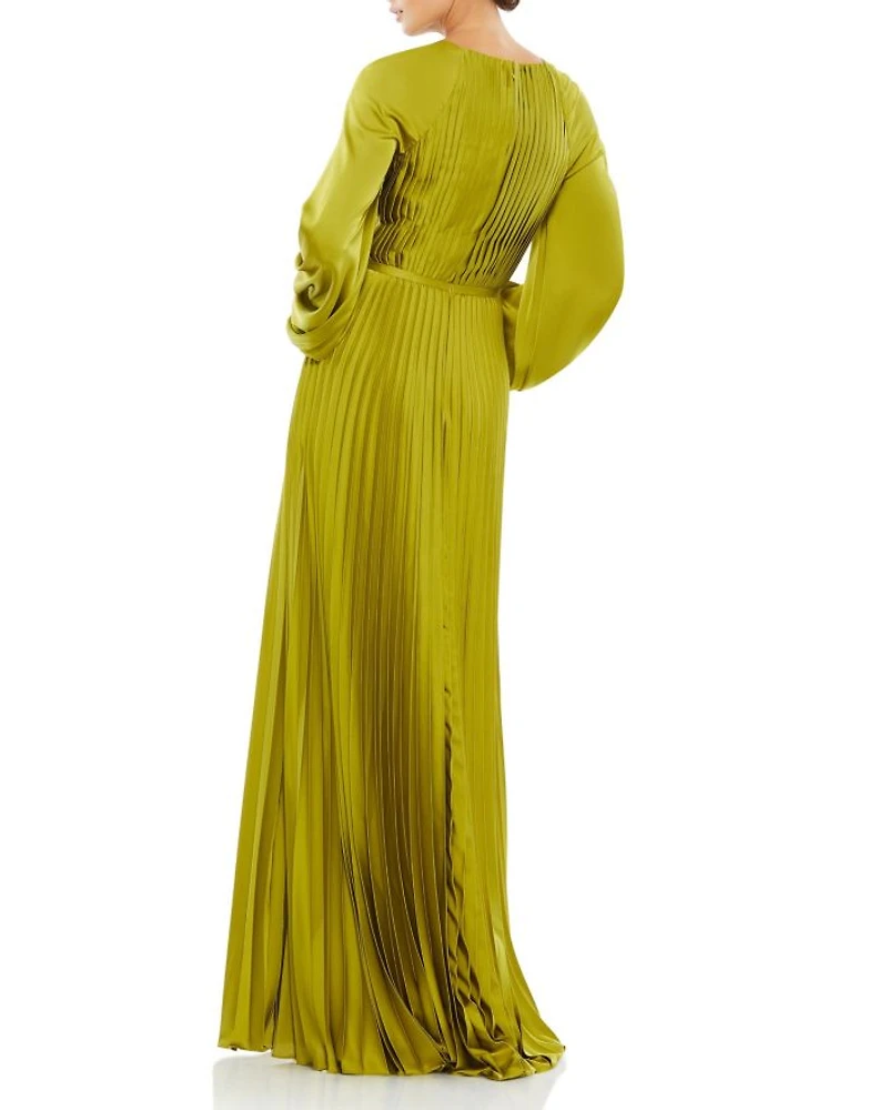 Pleated High Neck Raglan Long Sleeve Side Slit Gown