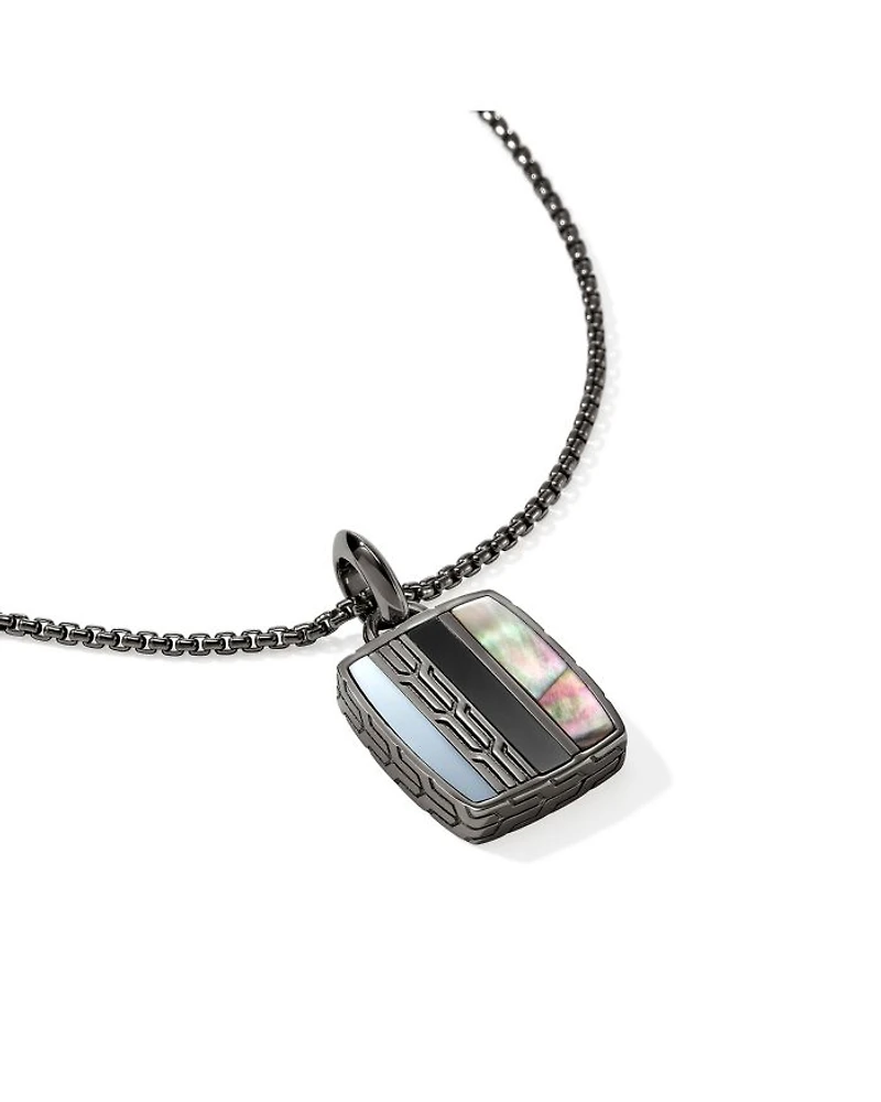 terling Silver Black Onyx, Hematite & Black Mother of Pearl Carved Chain Pendant Necklace, 22"