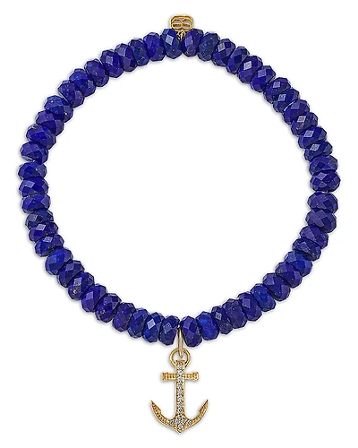 Sydney Evan 14K Yellow Gold Diamond Small Anchor Charm Beaded Bracelet