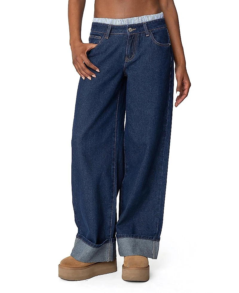 Edikted Striped Boxer Detail Low Rise Dark Wash Jeans