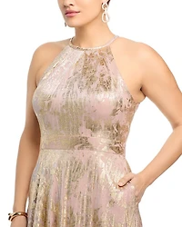 Foil Knit Metallic Halter Gown - Exclusive