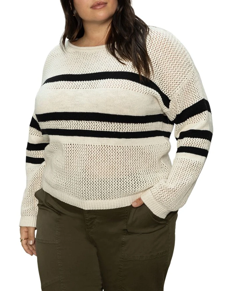 Plus Sporty Stripe Open Knit Sweater