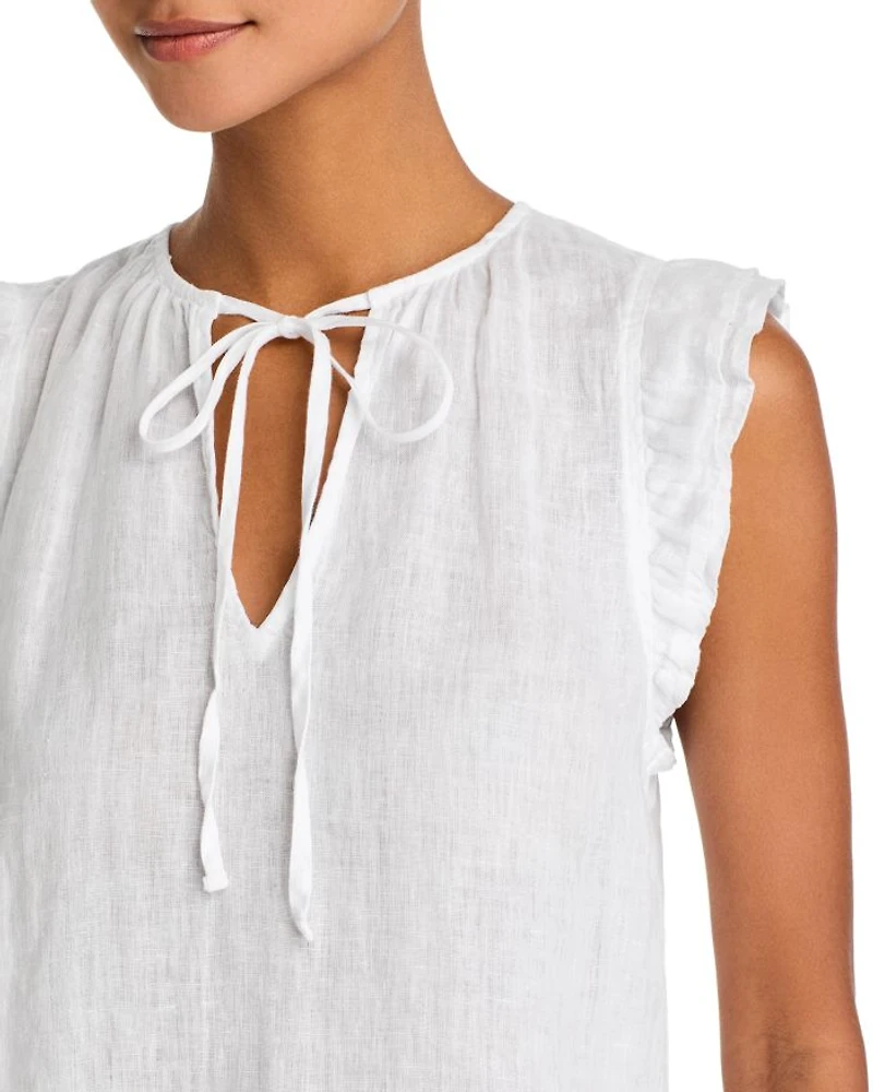 Linen Tie Neck Ruffle Sleeve Top