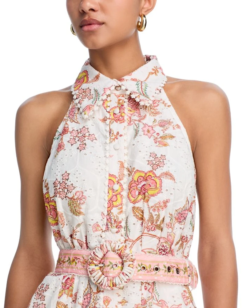 Floral Buckle Belt Button Front Maxi Dress