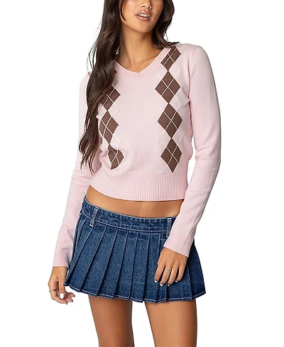 Edikted Argyle V-Neck Knit Sweater