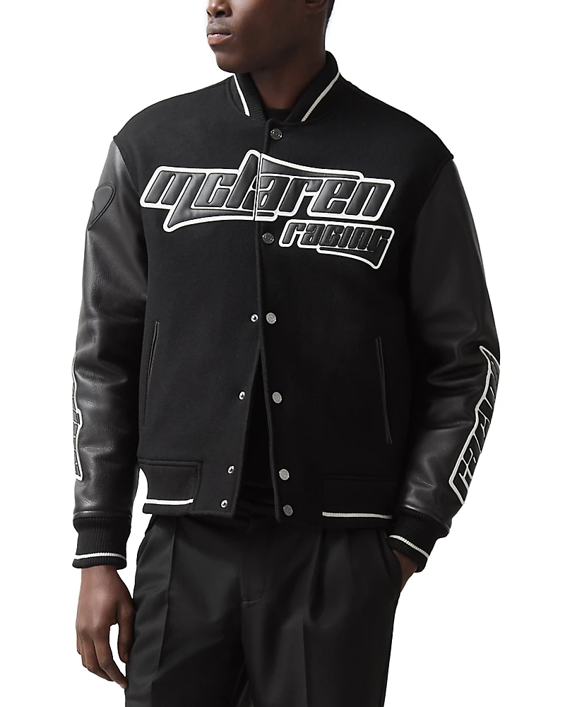 Reiss McLaren Circuit Leather Sleeve Wool Bomber Jacket