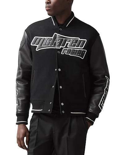 Reiss McLaren Circuit Leather Sleeve Wool Bomber Jacket