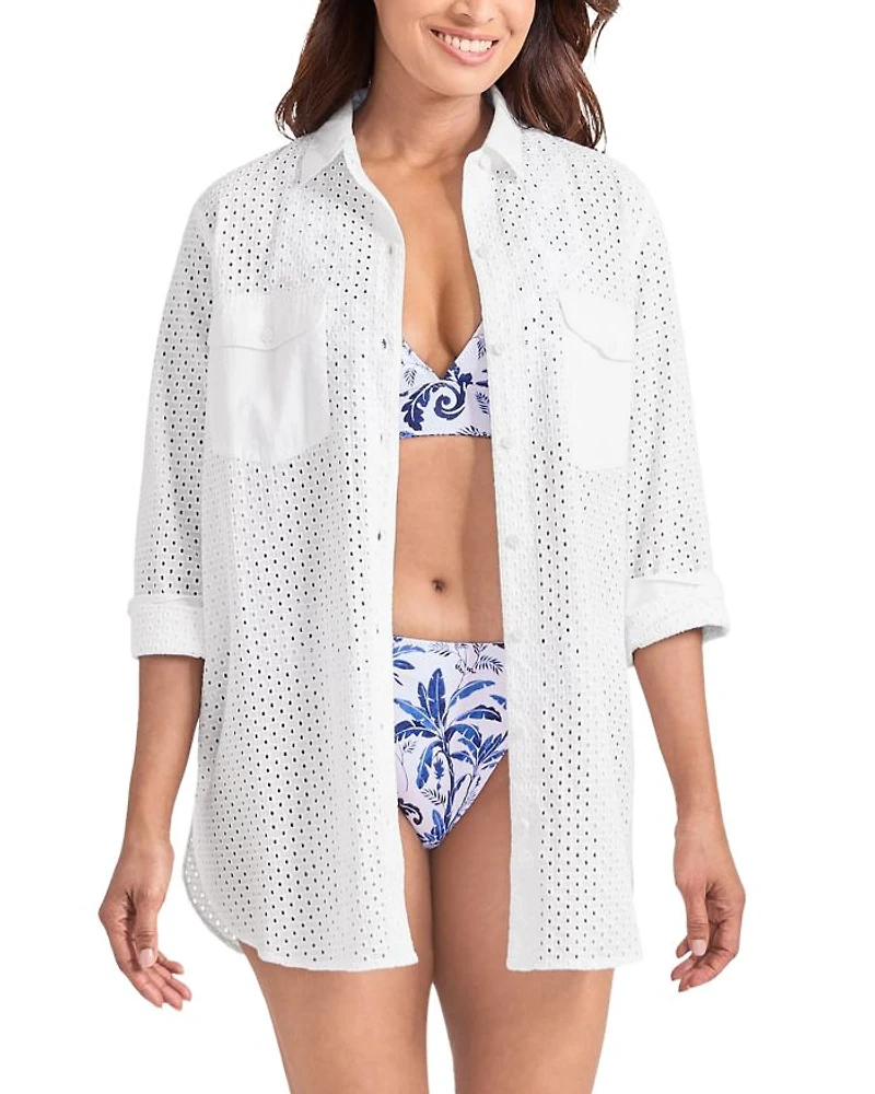 Eyelet Boyfriend Shirt Swim Cover-Up
