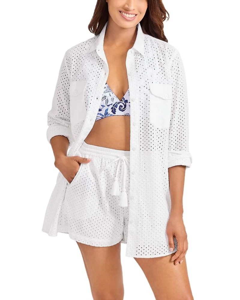 Eyelet Boyfriend Shirt Swim Cover-Up