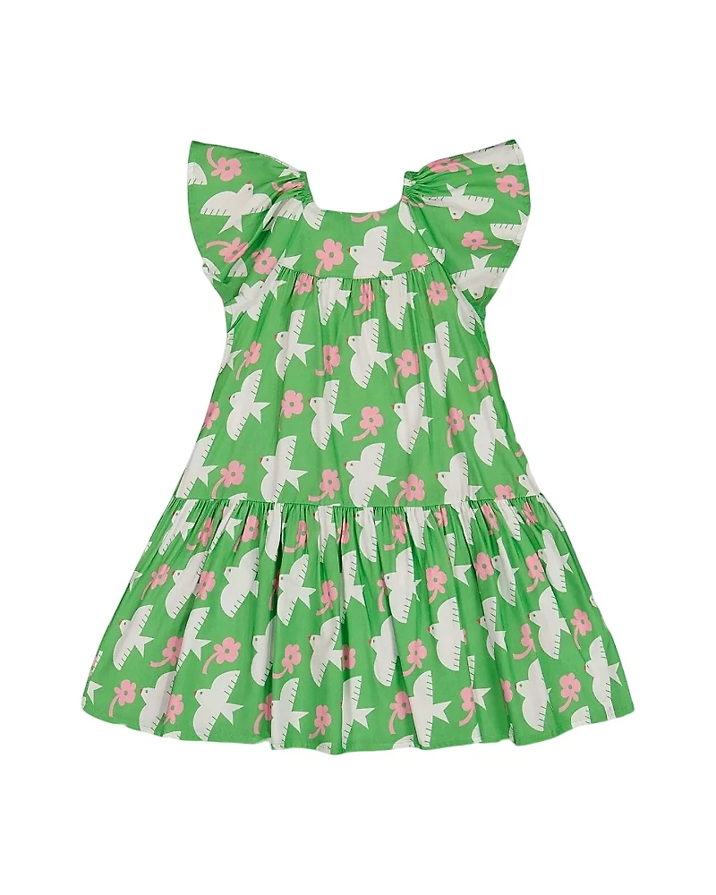 Deux par Deux Girls' Printed Bird Dress with Flounce Sleeves - Big Kid
