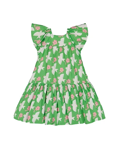 Deux par Deux Girls' Printed Bird Dress with Flounce Sleeves - Big Kid