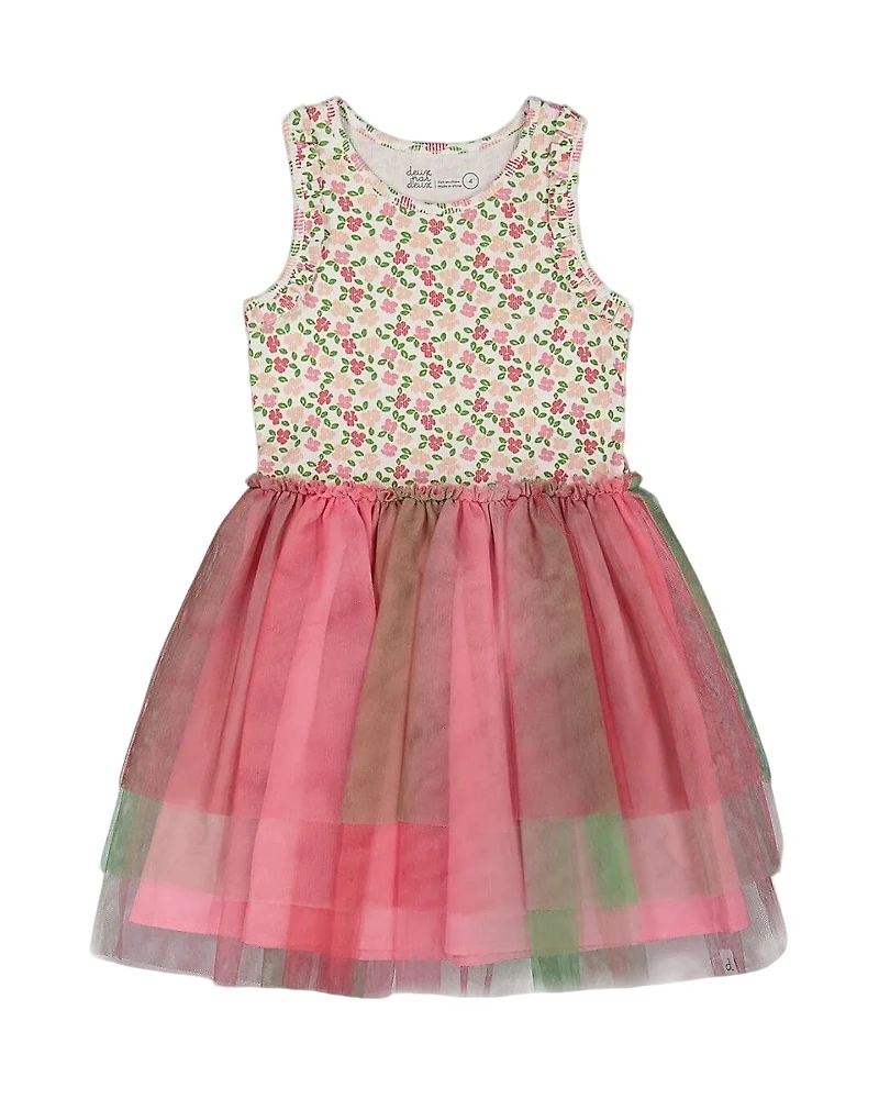 Deux par Deux Girls' Bi-Material Cotton and Mesh Dress with Gradient Skirt - Little Kid