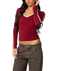 Edikted Contrast V Neck Long Sleeve T-Shirt