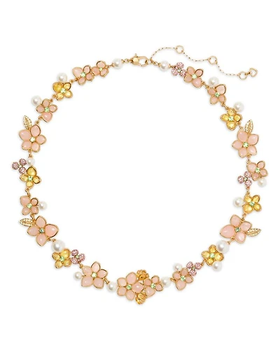 Pastel Petals Mixed Stone Flower Statement Necklace in Gold Tone, 16"