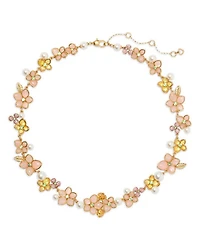 Pastel Petals Mixed Stone Flower Statement Necklace in Gold Tone, 16"