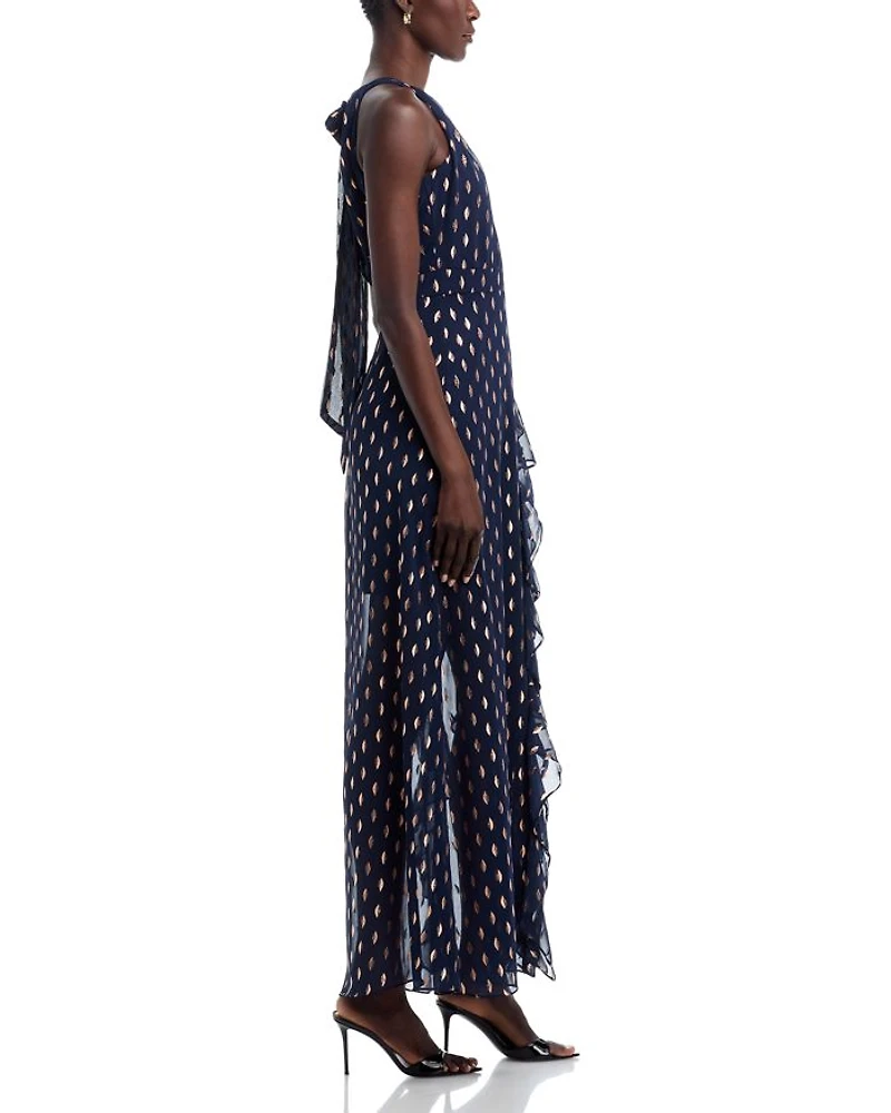 Metallic Crescent Chiffon Ruffle Gown