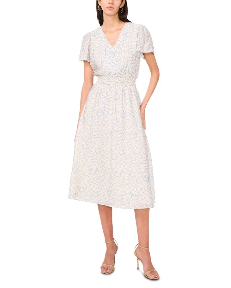 Printed V Neck Flutter Sleeve Dress