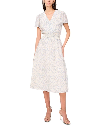 Vince Camuto Printed V Neck Flutter Sleeve Dress