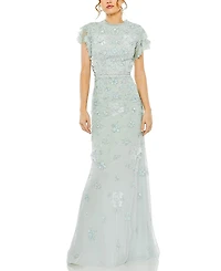Mac Duggal Floral Embellished High Neck Flutter Sleeve Gown