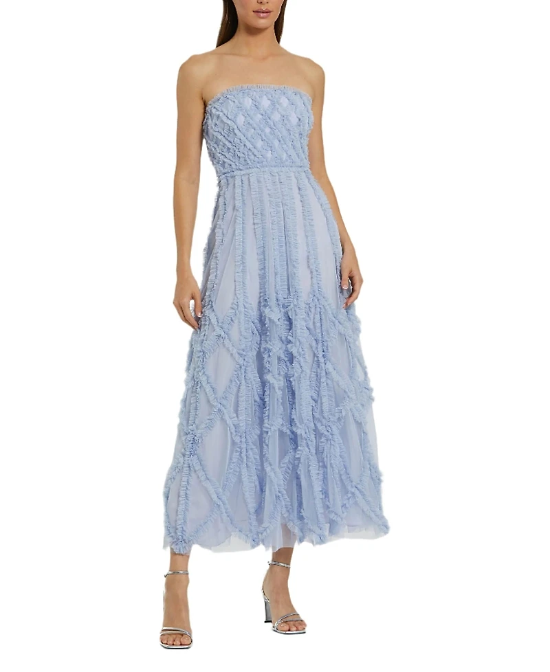 Mac Duggal Solid Mesh Dotted Ruffle Strapless Dress