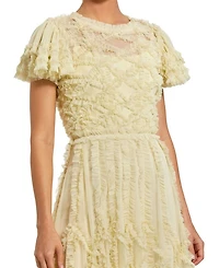 Solid Mesh Dotted Micro Ruffle High Neck Dress