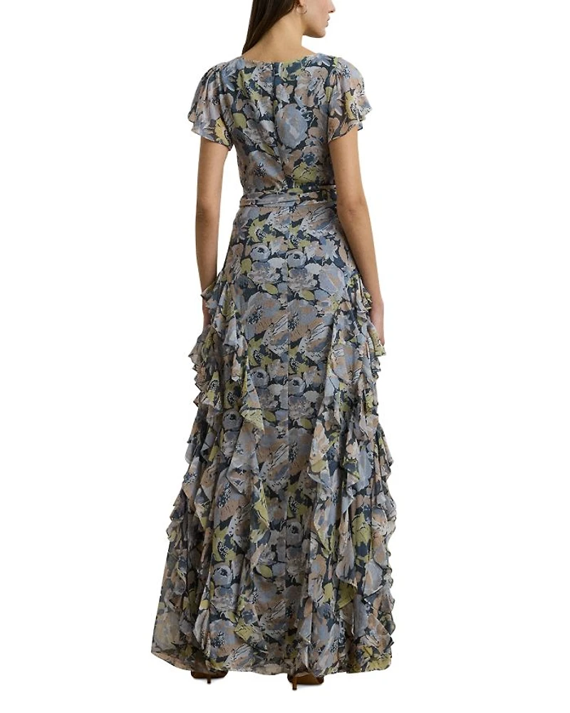 Floral Ruffle Trim Georgette Gown