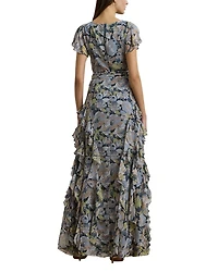 Floral Ruffle Trim Georgette Gown