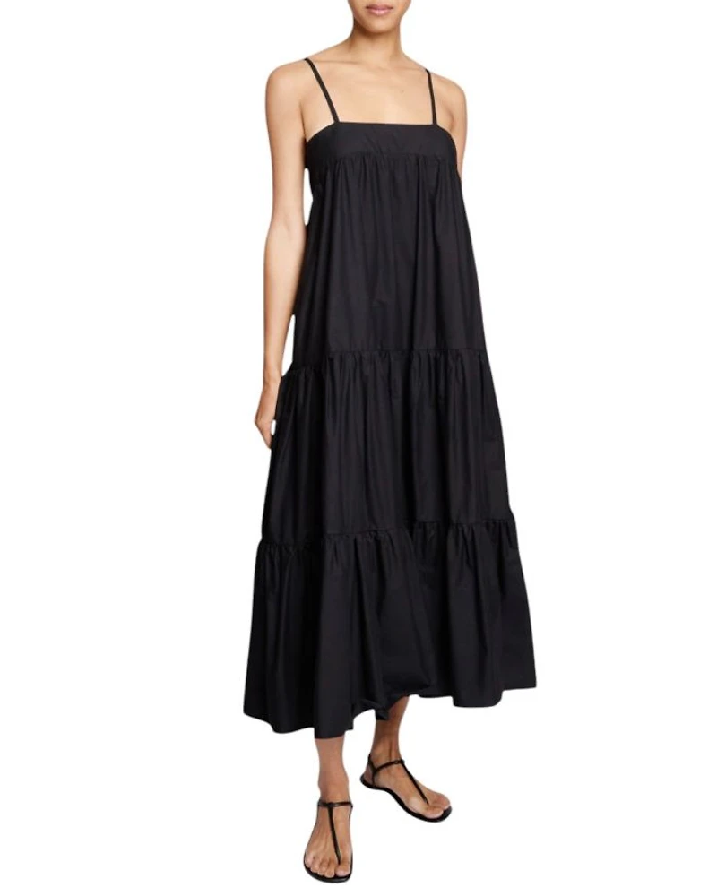 Itzel Sleeveless Multi-Tier Midi Dress with Shoulder Straps and Side Pockets Cotton Poplin