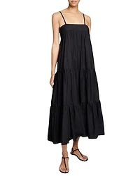 Itzel Sleeveless Multi-Tier Midi Dress with Shoulder Straps and Side Pockets Cotton Poplin