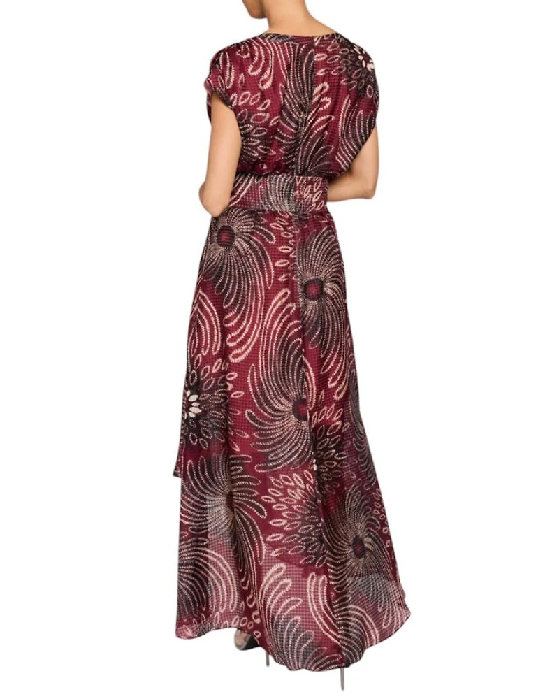 FALLON Cap Sleeve Midi Fit and Flare Dress with Hi-Lo Skirt Silk Modern Gingham Floral Print
