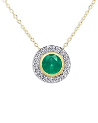 14K Yellow Gold Emerald & Diamond Halo Stud Pendant Necklace, 18"