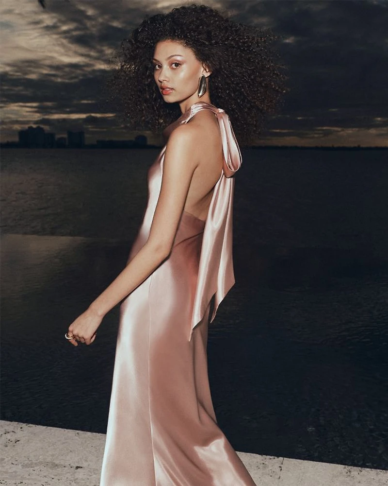 Charmeuse Halter Neck Long Dress - Exclusive