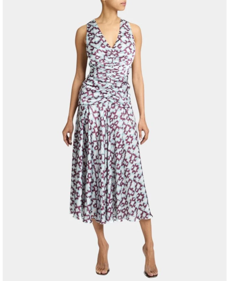 EDEN Sleeveless Fit and Flare Midi Dress with Center Ruching Graphic Printed Charmeuse