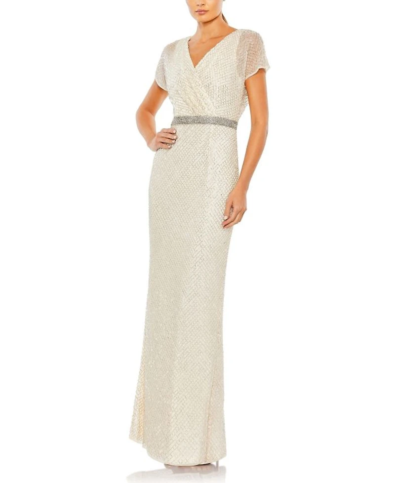 Beaded Butterfly Sleeve Column Gown