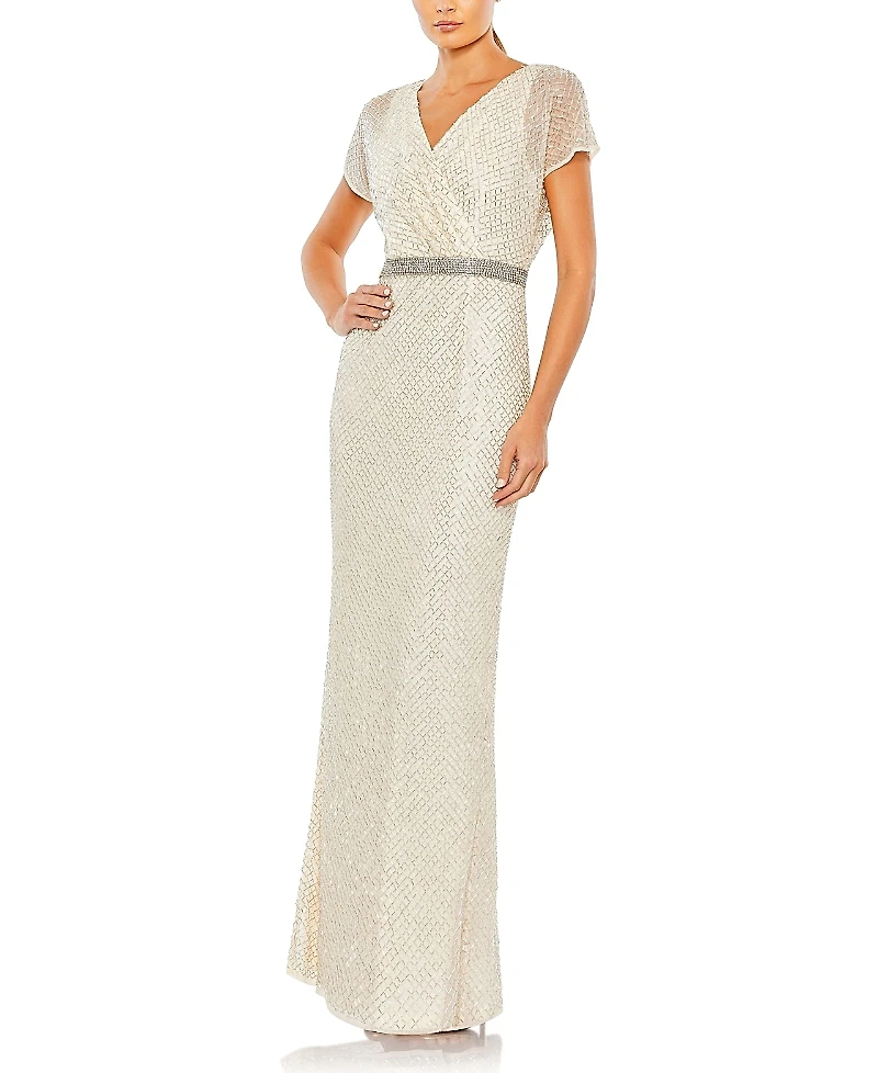 Mac Duggal Beaded Butterfly Sleeve Column Gown
