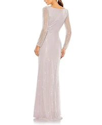 Sequined Faux Wrap Long Sleeve Gown
